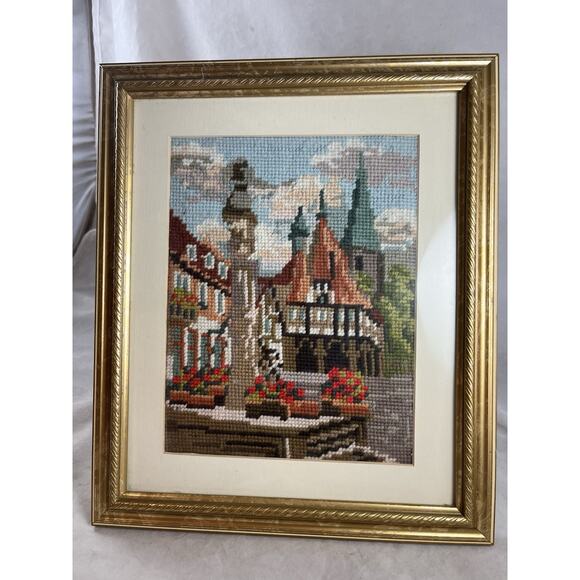 Michelstadt Square Church Germany Needlepoint Picture Finished Springer Gobelin - Picture 1 of 5